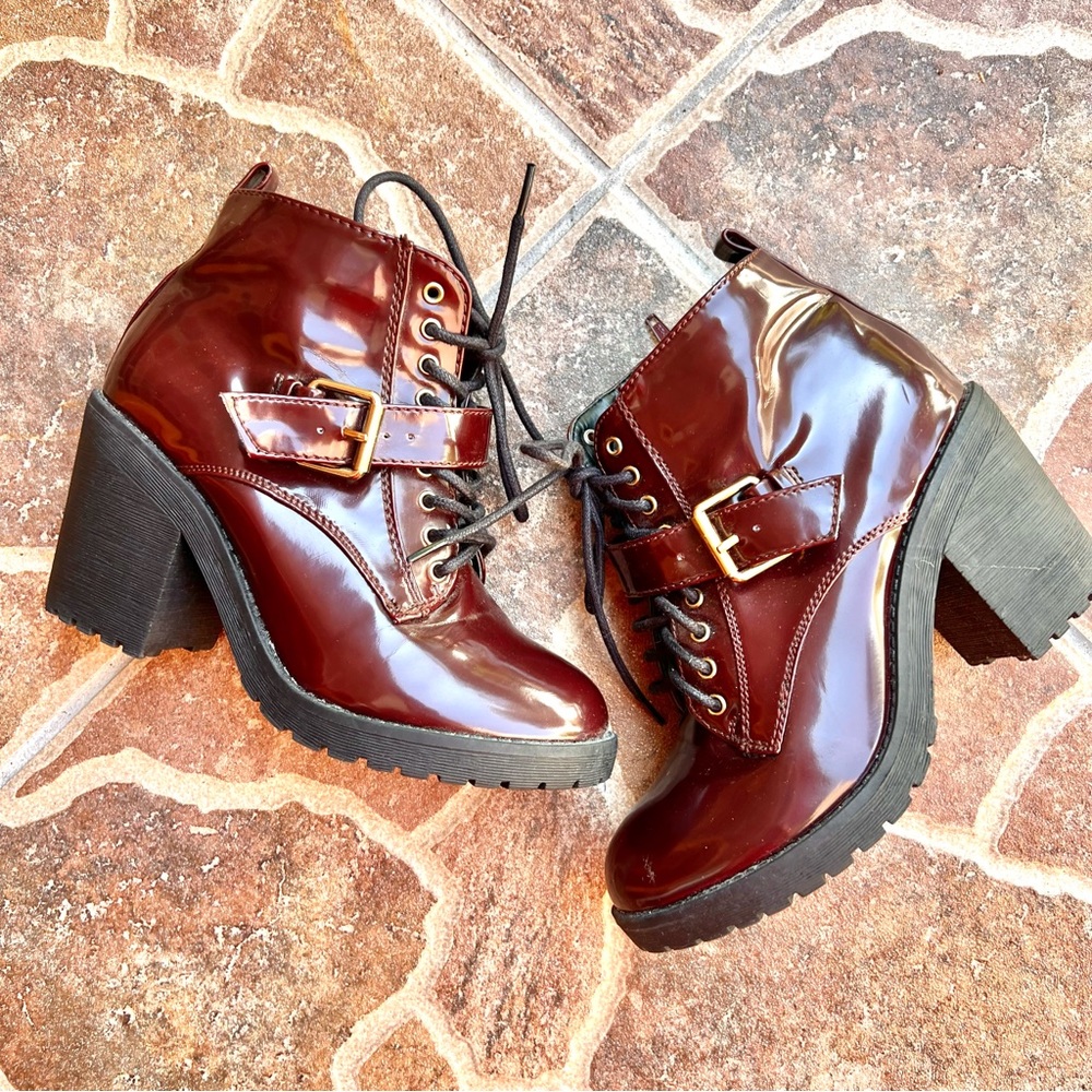 MUDD Burgundy Buckled Heeled Combat Boots